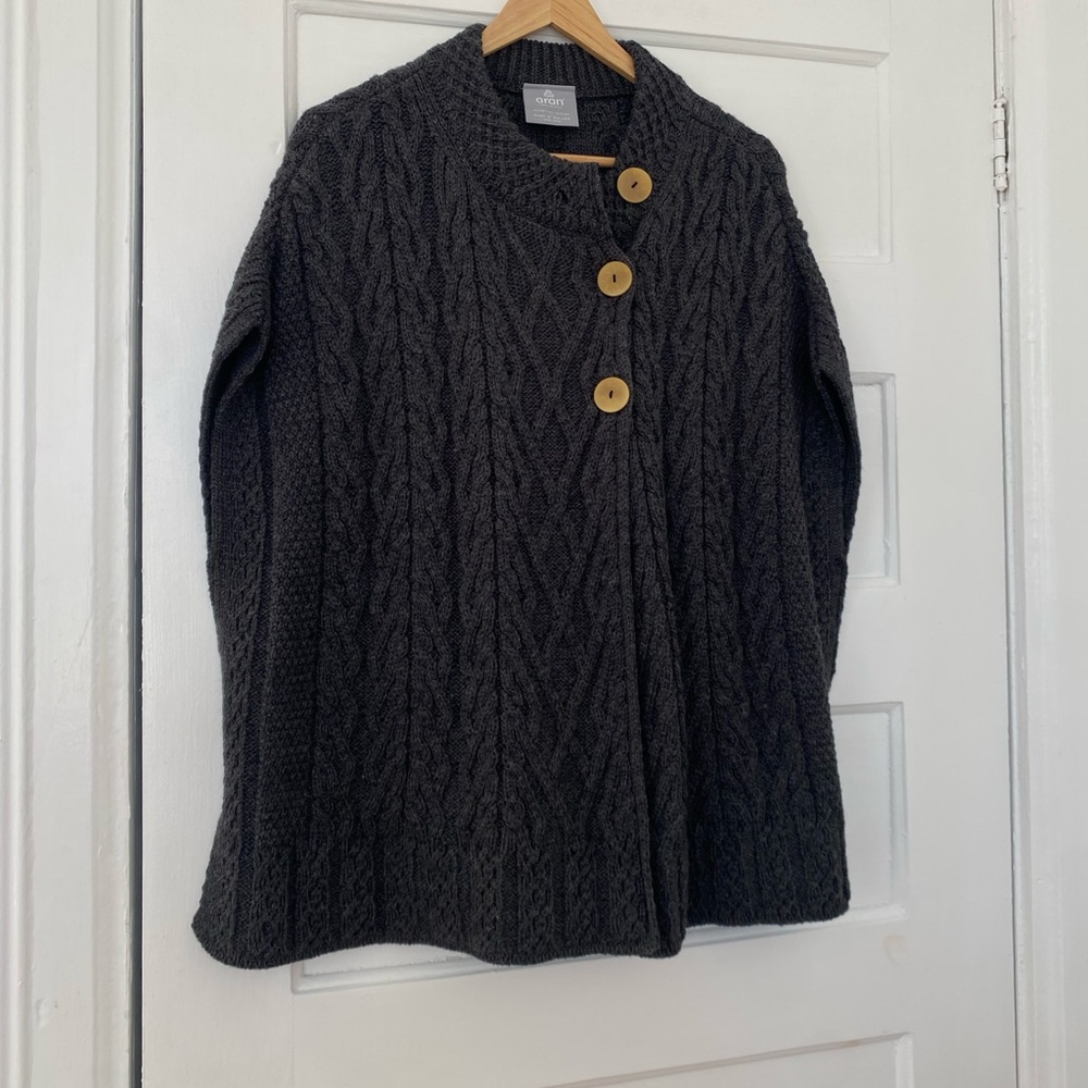 Aran Woolen Mills cable knit button up grey sleeveless cardigan vest